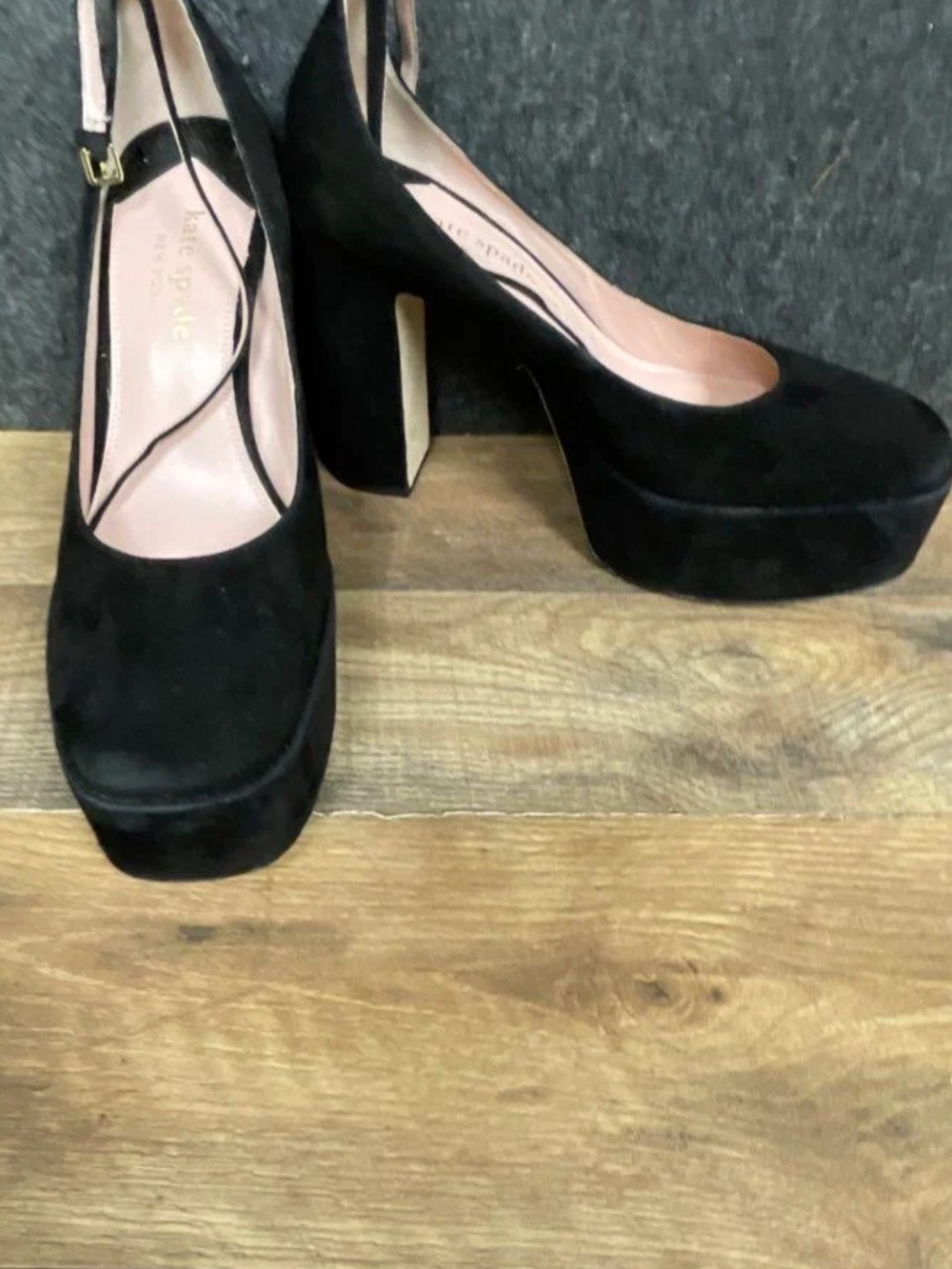 kate spade Black Suede Platform Block Heel Mary Jane Pumps